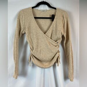 Beige Ribbed Faux Wrap Crop Sweater